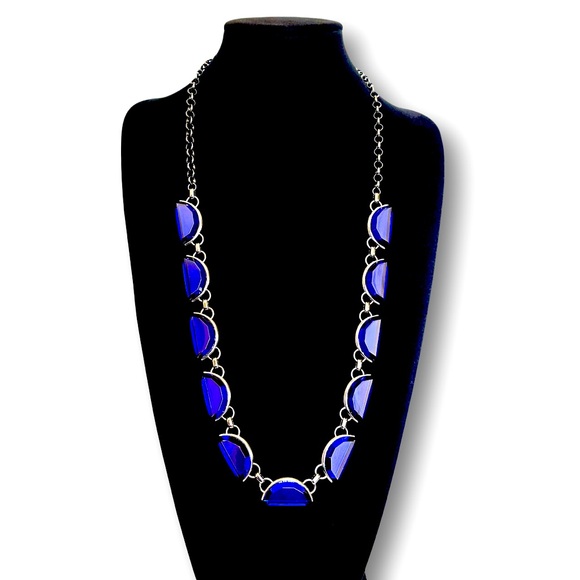 COLDWATER CREEK Vibrant Blue Glass Half Moon Long Silver Necklace NWT - Picture 2 of 10